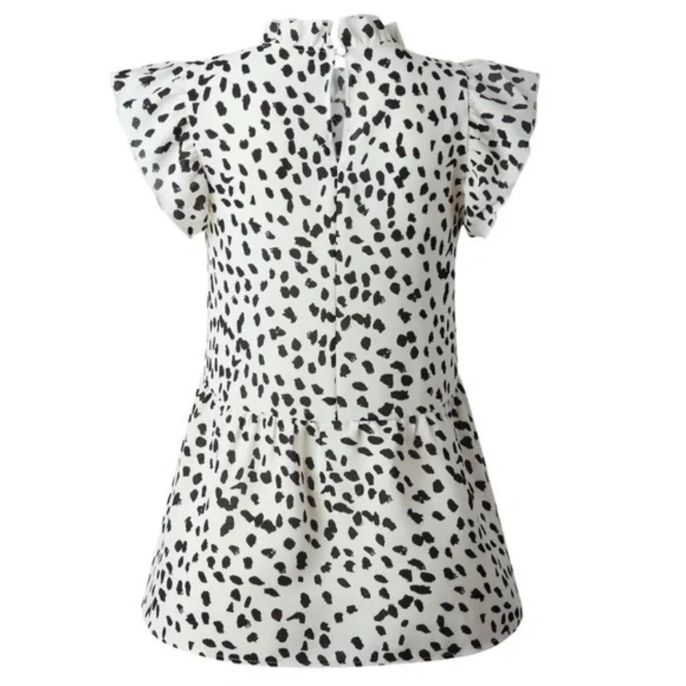 ENTRO • Ruffled Sleeve Button Closure Polka Dots Leopard Printed Pleated Shirt - Picture 3 of 7